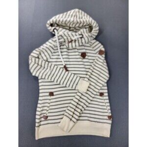 Wanakome Hoodie Womens Medium Gray White Striped Cowl Neck Pullover‎ Rope Tie